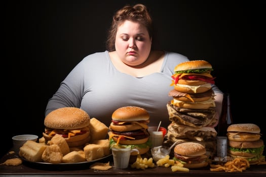 AI generated Self-conscious Overweight woman eating. Generate Ai photo