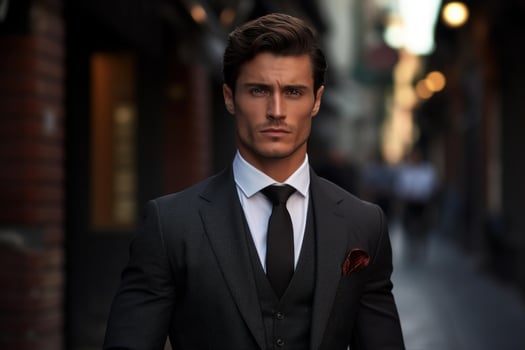 AI generated Elegant European fashion businessman street photo. Generate Ai photo