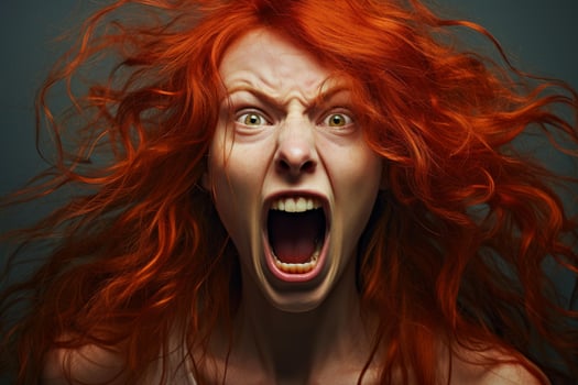 AI generated Intense Red hair woman scream closeup. Generate Ai photo