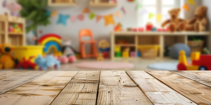 AI generated Wooden Table with Free Space Over a Blurred Background of a Children Room Filled with Kid Toys photo