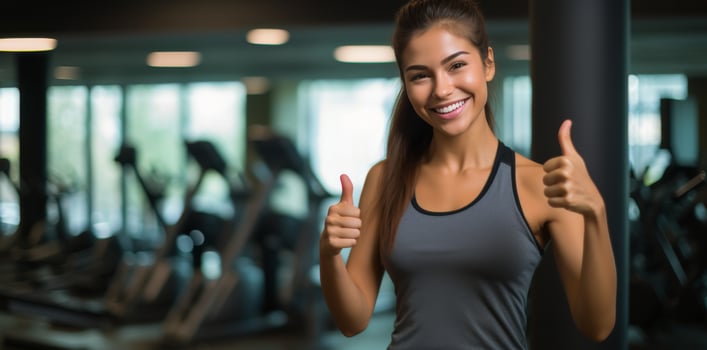 AI generated Confident Woman Giving Thumbs Up at Gym photo