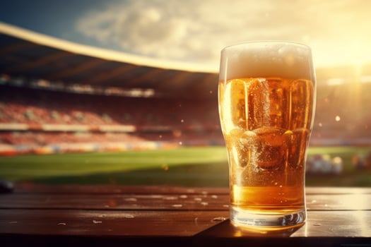 AI generated a beer glass sitting on a wooden table next to a soccer stadium photo