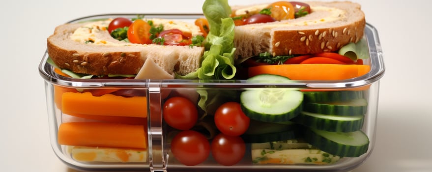 AI generated a lunch box with fruits, vegetables, sandwiches and a lunch box photo