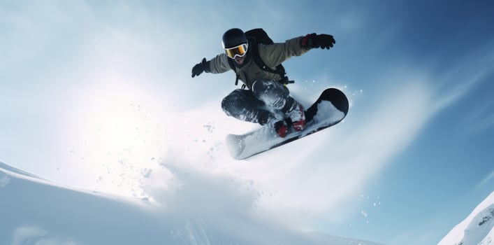AI generated aerial photo of an adult snowboarding