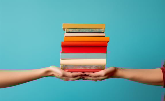 AI generated holding stacked colorful books on the hand photo