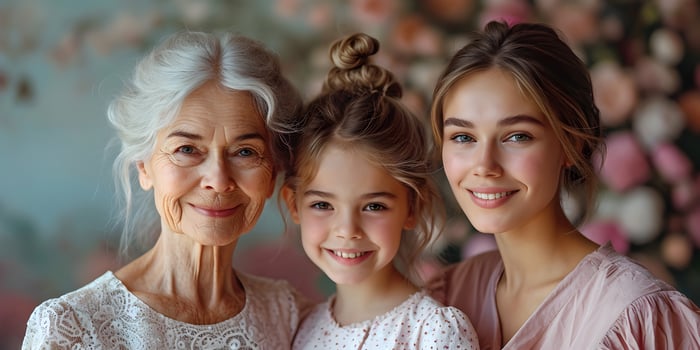AI generated Portrait of grandmother, mother and kid girl, happy family of three generations, tenderness at home, smiling. Mothers or international womens day concept. photo