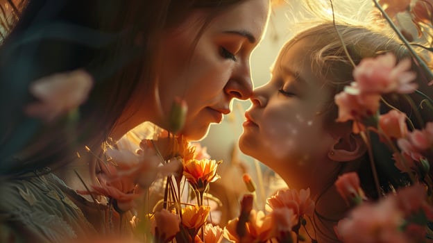 Mother and daughter kissing on the background of a blooming garden. photo