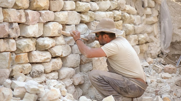 AI generated A bricklayer constructs a stone wall using wood, metal tools, and building materials like bricks and rocks. photo