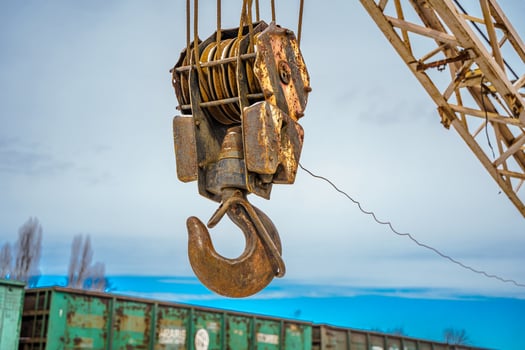 Industrial crane hook arm industrial construction mobile crane arm hook pulley section. photo