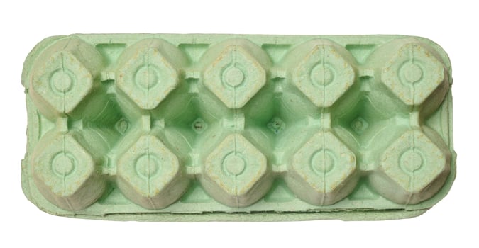 Green recycled egg carton box on isolated background, storage photo