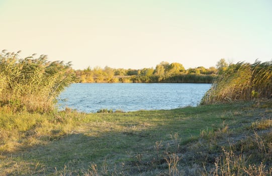 Beautiful autumn landscape with lake and multicoloral trees. Picturesque place with lake and tall trees photo
