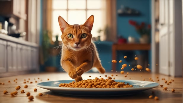 AI generated cute cat hungry with dry food home photo