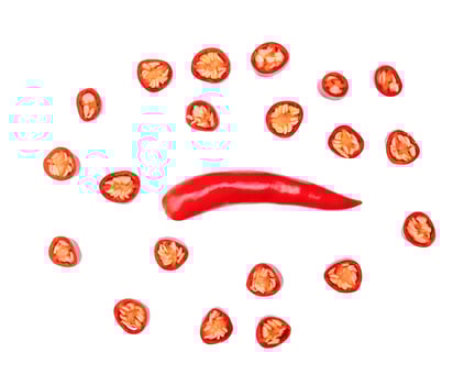 Top view of single fresh red chili pepper with slices or pieces isolated on white background with clipping path photo