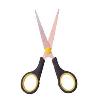 Top view of small multipurpose scissors with black handle isolated on white background with clipping path photo