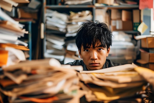 AI Generated Asian man in an office, overwhelmed by a mountains of paperwork photo