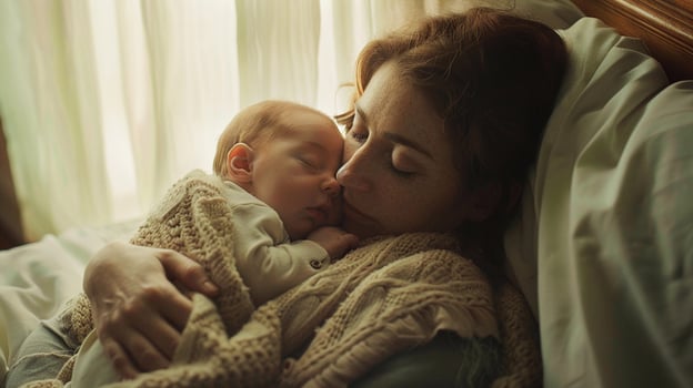 AI generated Mother cradling her newborn baby in her arms, with both of them wrapped in a soft blanket, background image, generative AI photo