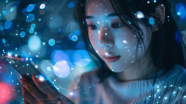 AI generated Asian woman uses artificial intelligence in her smartphone AI Generative photo