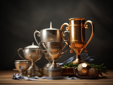 AI generated Champion trophies, winners cups trophy. Gold, silver, bronze. Award for sporting achievements and victories. Realistic photo