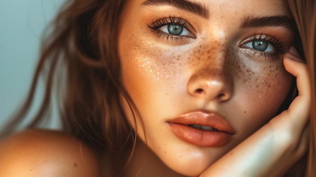 AI generated Close-up portrait of a beautiful young dark-skinned girl with freckles on her face. photo
