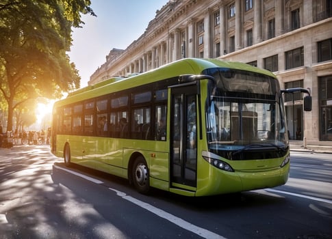 AI generated A green electric bus is driving down a street in big city photo