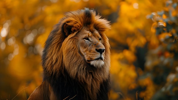 A lion is sitting in the grass with yellow leaves photo