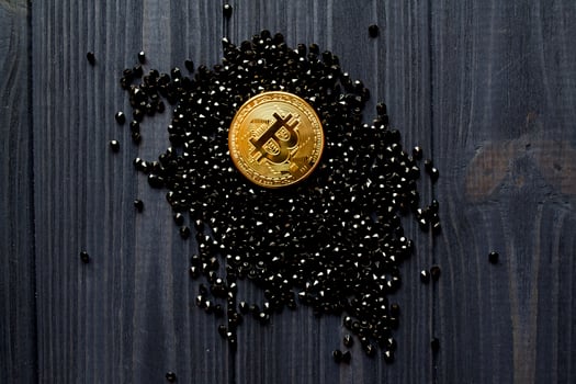 Golden bitcoin on a black jewels. Gold coin of cryptocurrency. photo