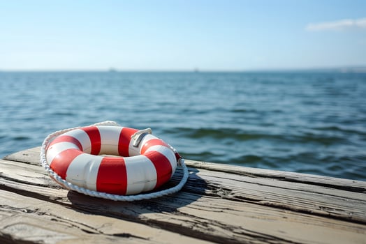 AI Generated lifebuoy on wooden pier with clear blue sea in the background photo