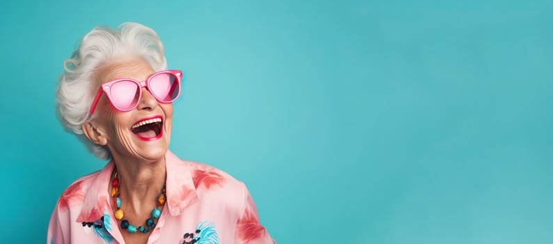AI generated Happy old senior woman. Joyful elderly lady in bright pink clothes, banner background photo