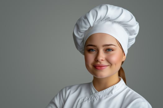 AI generated portrait of a beautiful female chef in a white uniform on a gray background photo