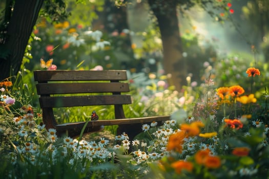 AI Generated Enchanted Garden Bench at Sunrise photo