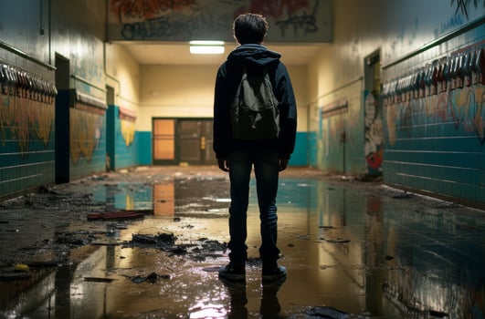 AI generated a boy looking at himself in an empty hallway photo