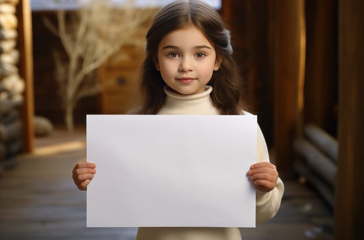AI generated young girl holding a blank white paper near paints photo
