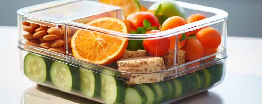 AI generated a clear plastic lunch box, featuring sliced fruit and snacks photo
