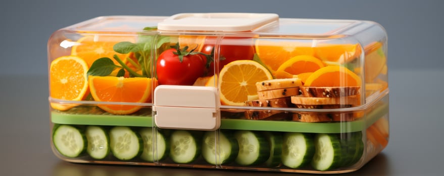 AI generated a clear plastic lunch box, featuring sliced fruit and snacks photo