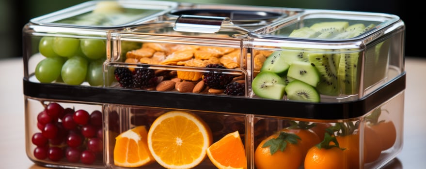 AI generated a clear plastic lunch box, featuring sliced fruit and snacks photo