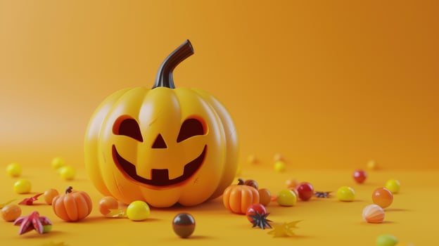 AI generated Minimalist style featuring smiling Halloween pumpkin and candies, adding festive charm, Ai Generated photo