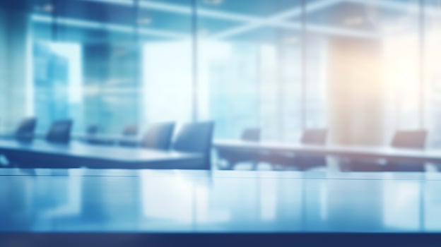 AI generated Abstract blurred interior of a modern office building with glass windows and reflections photo