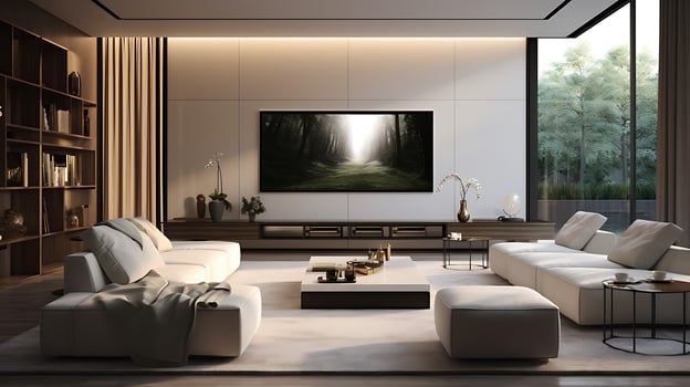 AI generated 3d rendering luxury and modern living room with tv set on wall photo