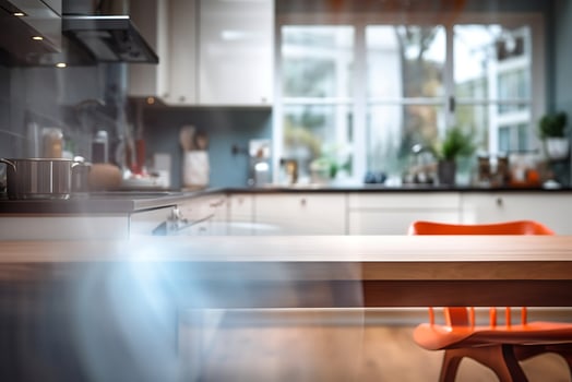 AI generated Close up of wooden table in modern kitchen interior. Blurred background photo