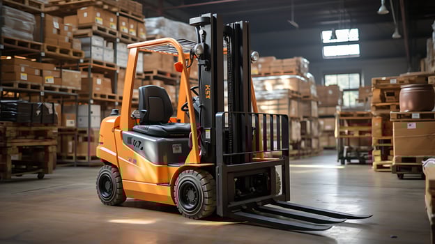 AI generated Forklift loader in warehouse cargo freight transportation and distribution warehouse. photo