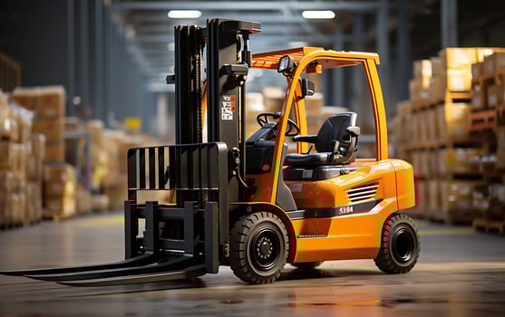 AI generated Forklift loader in warehouse. Forklift loader in warehouse. photo