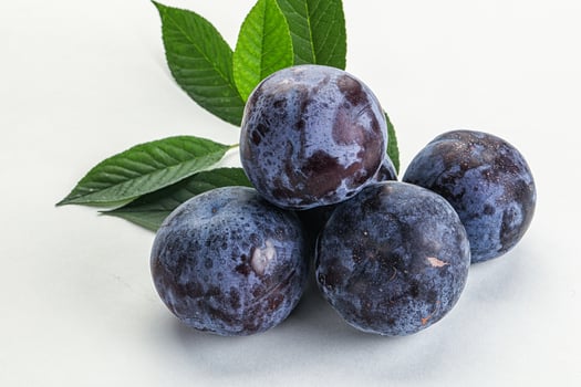 Raw purple plums heap with leaves photo