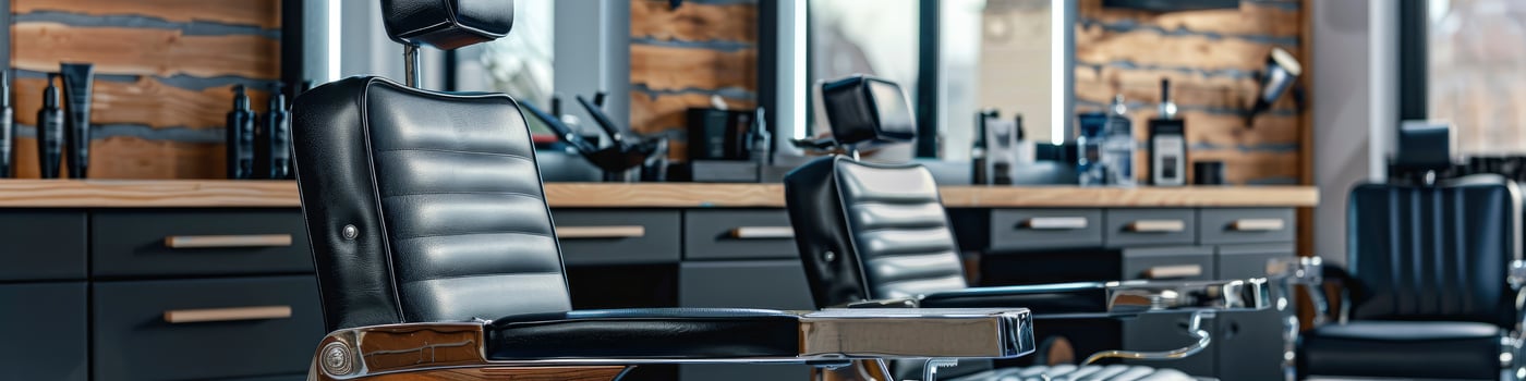 AI generated Modern Elegance, Comfortable Black Leather Armchairs Adorn the Cozy and Bright Interior of a Beauty Salon Barbershop photo