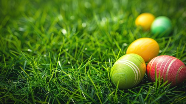 AI generated Colorful easter eggs on the green grass photo