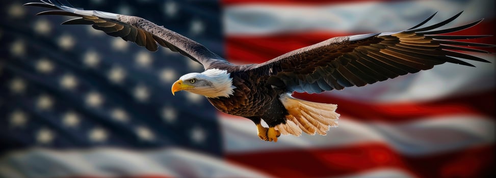 AI generated Majestic Eagle Soaring Against the American Flag, Symbolizing Strength and Unity in Celebration of Independence Day. photo