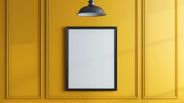 AI generated Gallery Inspiration, Blank Picture Frame on Vibrant Yellow Wall with Hanging Lamp. Perfect Photo Frame or Poster Template Mockup