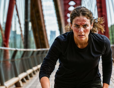 AI generated photo of beautiful woman as a undercover agent wearing black long sleeve shirt and tactical pant running in danger scene, generative AI