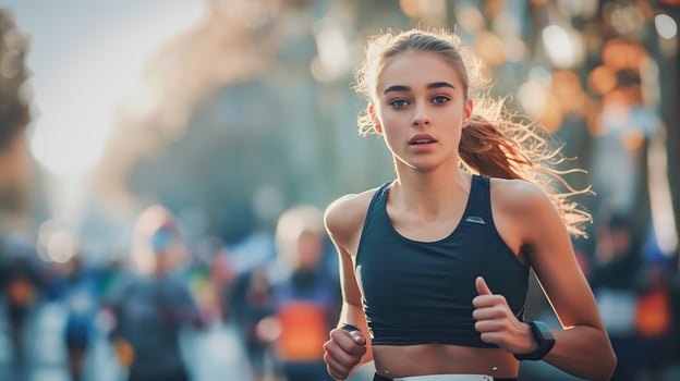AI generated Woman running in a busy city street, perfect for fitness websites, urban lifestyle blogs, and health related social media posts. photo