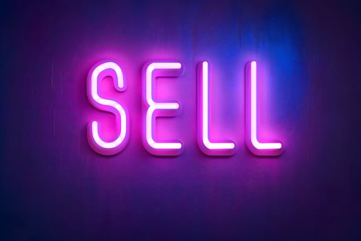 AI Generated neon inscription word sell on dark shabby wall photo