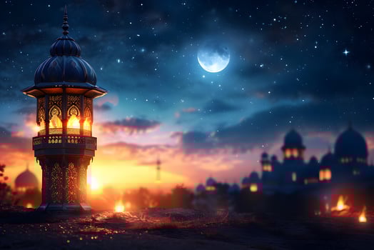 AI Generated fanous Ramadan lanterns at night with moon and mosque in the background photo
